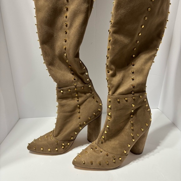 Venus Faux Suede Studded Over the knee Taupe Boots - Picture 4 of 7